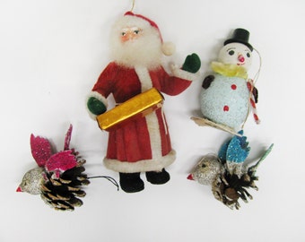4 Vintage Christmas Decorations: Santa Claus, Paper Mache Snowman & 2 pinecone birds - Made in 1950s or 1960s in Japan - Japanese Ornaments