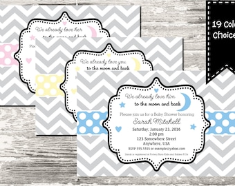 19 Color Choices Polka Dot Love You to the Moon and Back Baby Shower Invitation Printable with Free Thank You