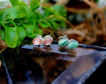 Tiny Stud Earrings//Damele Turquoise//Oregon Schiller Grade Sunstone //Sterling Silver//Everyday Wear