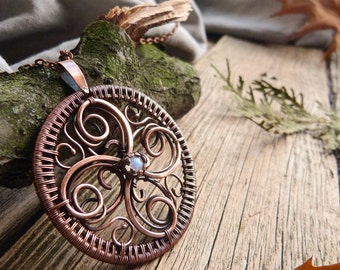 Circle of Life necklace - Wire wrapped pendant - Gift for women - Boho style jewelry - Rainebow moonstone necklace
