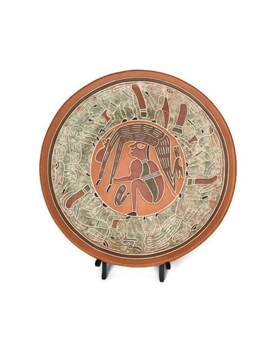 Mexican clay plate vintage aztec ethnic decor hand formed painted dish