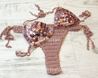 Rose Gold Sequin Crochet Brazilian Bikini Women Swimwear Two-Pieces Bathing Suit Swimsuit Summer Fashion Beach Fashion EXPRESS SHIPPING