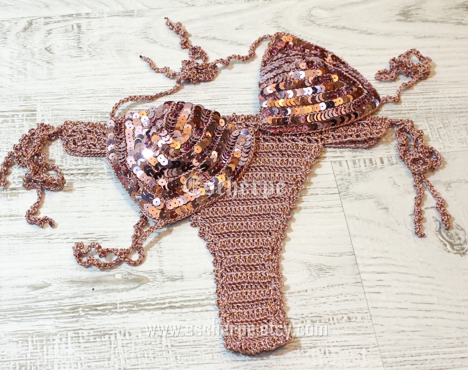 Rose Gold Sequin Crochet Brazilian Bikini Women Swimwear