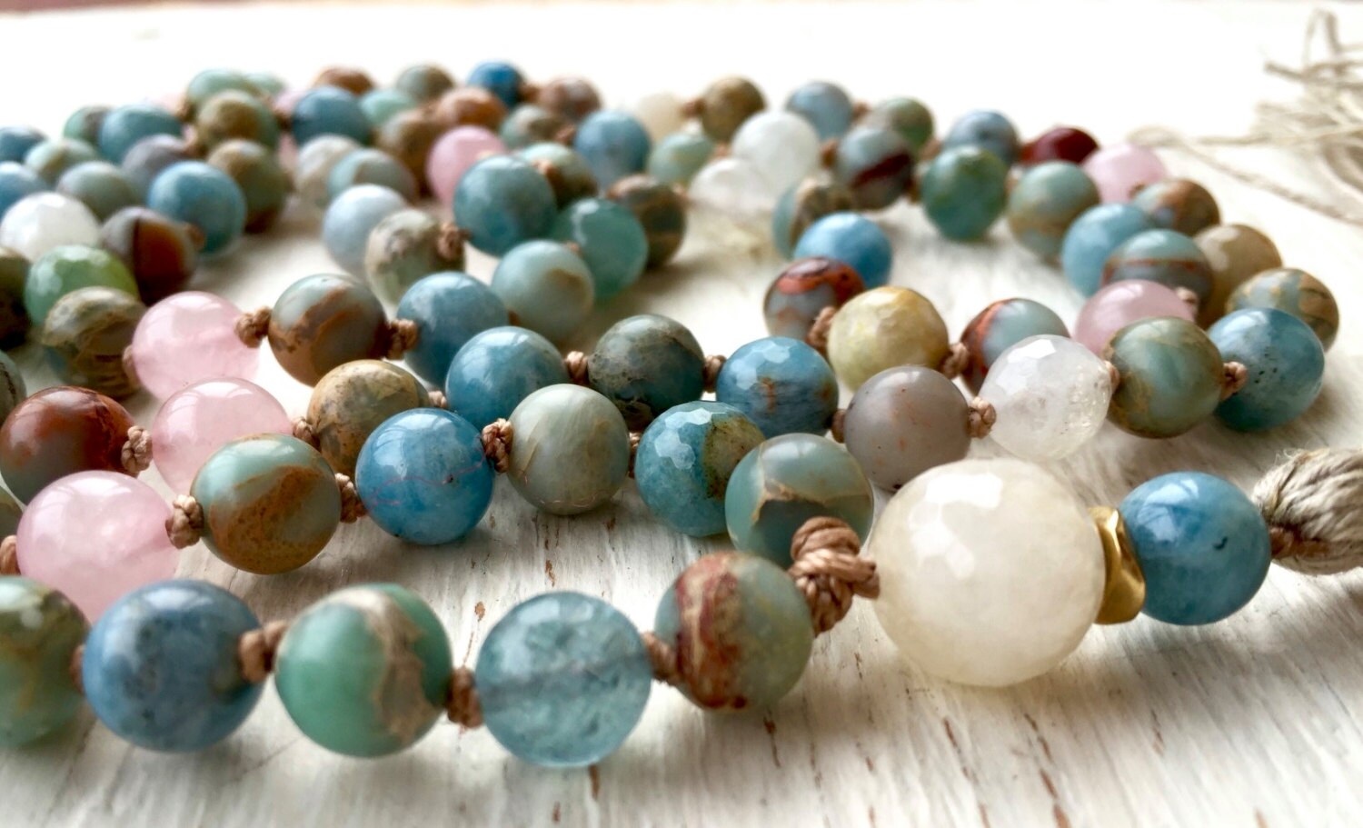 African Opal Aquamarine Peruvian Blue Mala Beads Rose Quartz