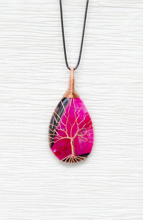 Tree of Life wire wrapped Pink and Black Agate pendant