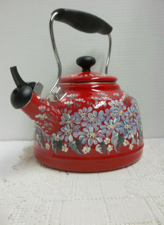 Chantal Tea Kettle Red Enamel Two Quart Hand by FolkArtByNancy