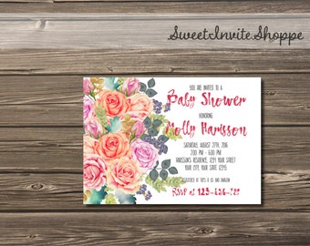 Watercolor Roses Baby Shower Invitation, Floral Girls Baby Shower Invitation, Pink and Purple Floral Baby Girl Shower Invite, Bridal Shower