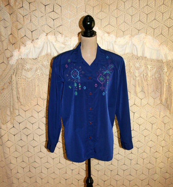 80s Plus  Size  Blouse Royal  Blue  Shirt  Embroidered Long Sleeve
