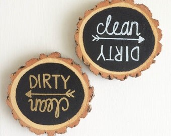 Wood Slice Dishwasher Magnet, Clean Dirty, Hand Painted, Handmade, Rustic Tree Slice, Gold, White, Lettering