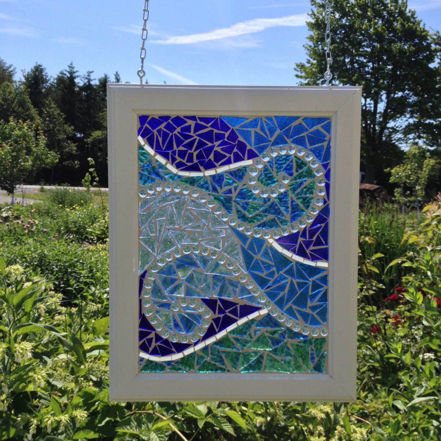 Blue Ocean Wave Stained Glass Mosaic Panel Ocean Glass