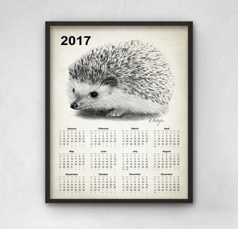 Hedgehog Calendar 2017 Cute Hedgehog Art Print from an