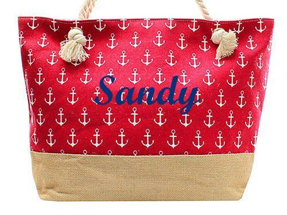 Items similar to Monogrammed Red Anchor Nautical Tote Bag Monogrammed ...