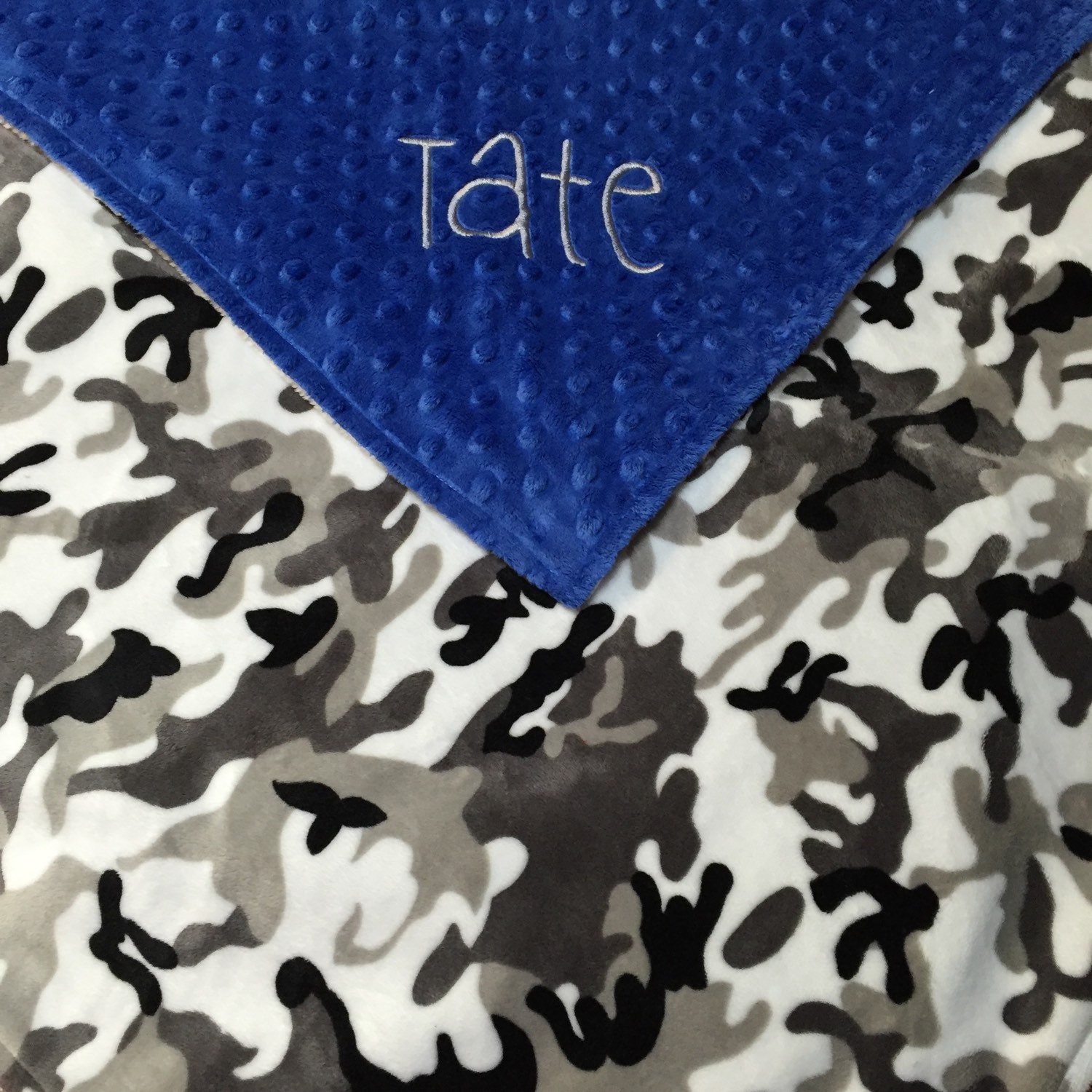 Personalized Minky Blanket Gray Camo Minky and Electric Blue