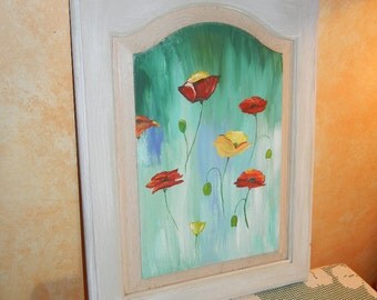 Poppy painting, repurposed cabinet door,poppy decor, poppy art,abstract poppy art,upcycled cabinet door,poppy painting,hand painted poppies