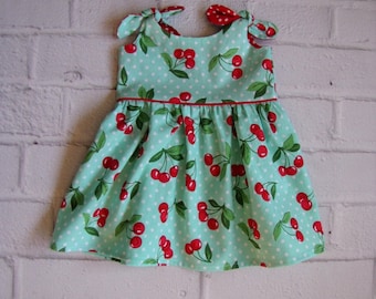 Retro Baby Dress, Any Size Girls Dress, Aqua Cherries Infant Dress, Baby Easter Dress, Rockabilly Baby Dress, Turquoise Red Baby Dress