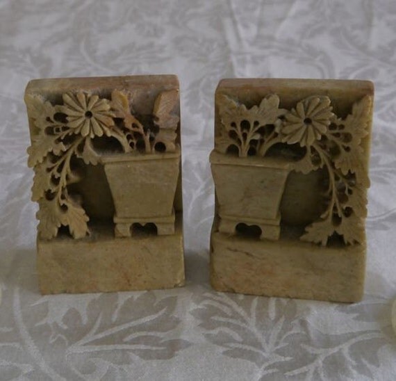 Chinese Antique Carved Soapstone Bookends & Two Onyx Stone