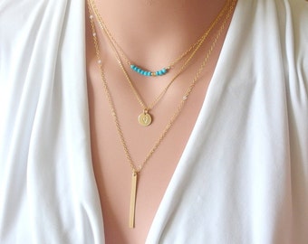 Gold turquoise necklace Layering necklace Gemstone Bar Necklace Simple gemstone necklace Dainty Minimalist jewelry, Gold layering necklace,