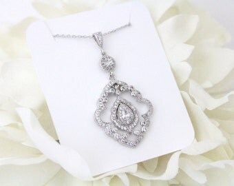 Art Deco necklace, Crystal Wedding necklace, Bridal necklace, Pendant necklace, CZ necklace, Simple necklace, Bridesmaid necklace, Vintage