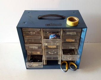 Vintage Blue Metal Storage Box, Hardware Organizer, 15 Drawer Cabinet, Akro-Mills, Industrial