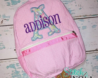 Seersucker Backpack with Alligator by StitchNOLABoutique on Etsy