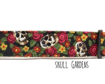 Skull Dog Collar, Girl Dog Collar, Sugar Skull Dog Collar, Flower Skulls, Calavera Dog Collar (Upgrade to Metal Buckle or Martingale)