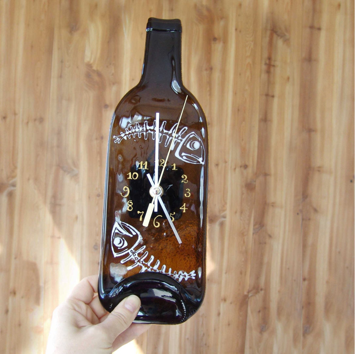 Wine Bottle Wall Clock fishing gifts for men Fused Glass