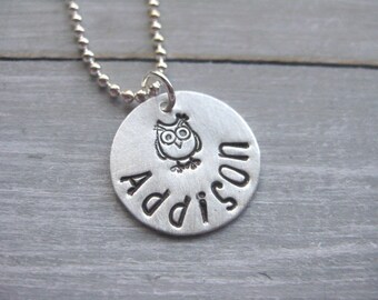 Owl Necklace Sterling Silver Hand Stamped Personalized Jewelry Birthday Gift Girls Teen Tween Jewelry Owl Jewelry Custom Necklace
