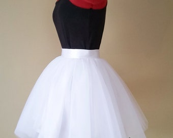 White tulle skirt, Adult sewn tutu, puffy tulle skirt, knee length, short wedding skirt, plus size clothing, satin waistband, 4 layers Tulle