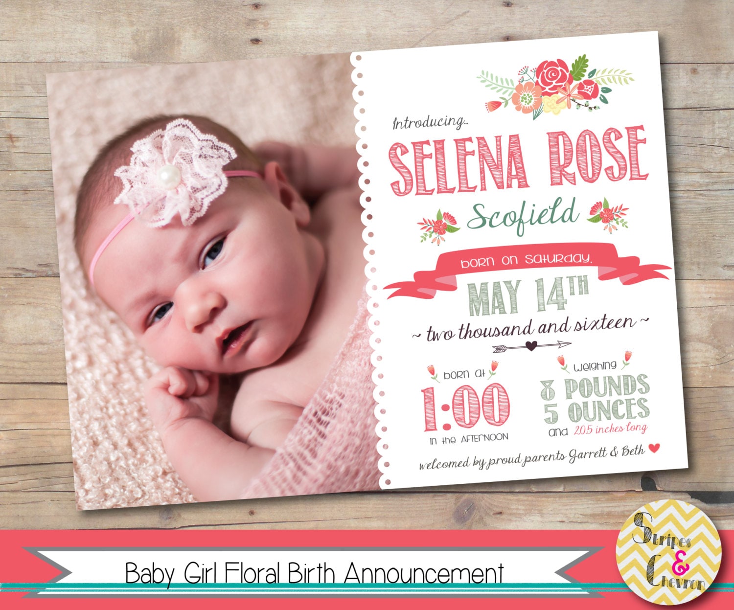 Baby girl floral birth announcement Printable Spring flowers