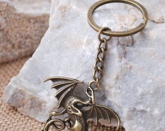 FREE SHIPPING! Dragon Keychain, Unisex fantasy bronze tone key chain, Men's keychain, game of thrones keychain, Gothic, gift for him