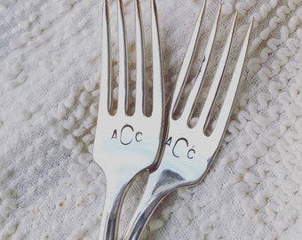 Vintage Forks - monogrammed, hand stamped silver, personalized wedding forks, cake forks,