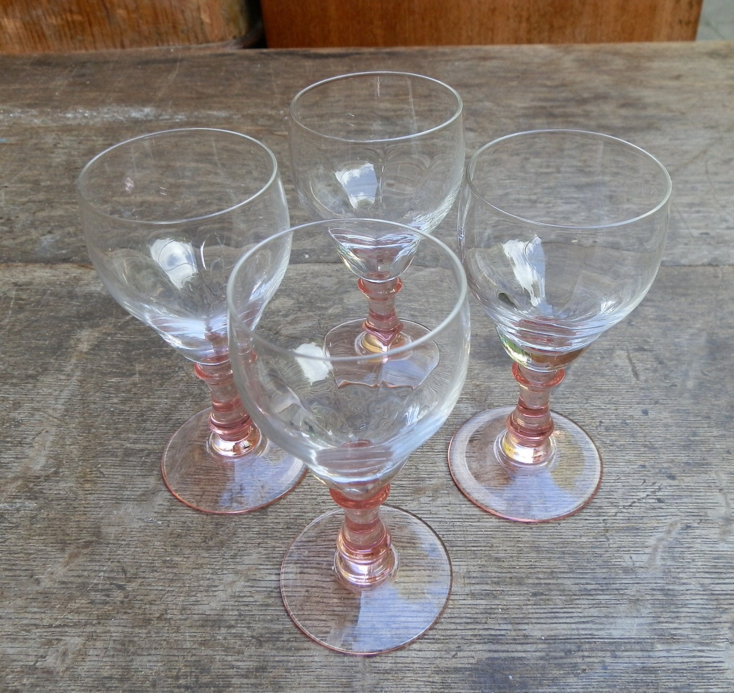 Vintage Set of Four Small Stemmed Glasses with Pale Pink Stems