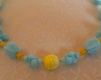 Sunny Yellow Sky Blue Molded Glass Necklace Vintage 1970s...