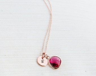 Rose Gold Initial and Ruby Necklace, Disc Necklace, Hand Stamped on Disc, Personalised Jewellery, Rose Gold Plated Necklace, Gift idea