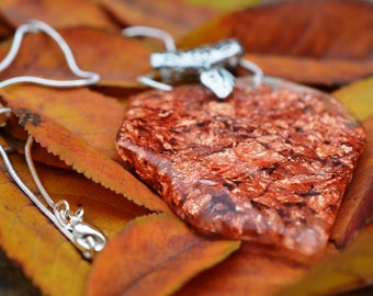 Resin necklace, Necklace with cooper leaf pendant, Chain necklace, Resin leaf pendant, Silver plated chain