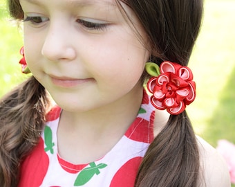 2 ponytail holder Gift-for-girl flower set Gift|for|kid Red elastic hair tie Kanzashi fabric flower Scrunchy Baby hair accessory Pigtail bow