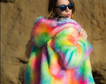 Sugar Rainbow Reversible Festival Coat Colorful Fake Fur Shiny Boho Wear Fashion Disco Jacket