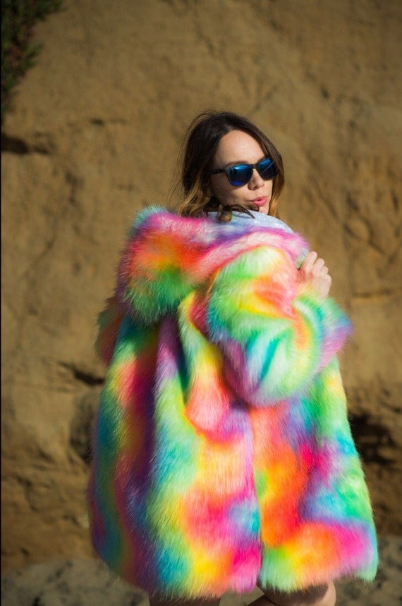 Sugar Rainbow Reversible Colorful Fake Fur Shiny Boho Coat 