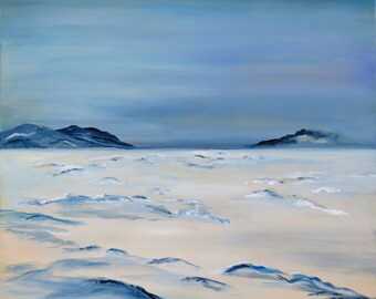 Large, abstract painting in blue - white, modern art, original acrylic painting