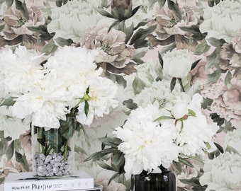 Light Peony Removable Wallpaper / Self Adhesive or Regular Peony pattern Wallpaper / Peony Wall Mural / Floral Wallpaper