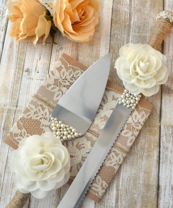 Rustic wedding cake server set burlap & pearls by MCsCraftBoutique
