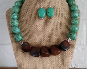 Turquoise Necklace, Wood Necklace, Turquoise Jewelry, Big Bold Chunky Necklace, Big Chunky Necklace, Chunky Jewelry Sets, Stone Jewelry