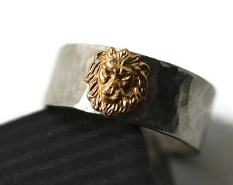 14K Gold Lion Ring, Personalized Sterling Silver Ring, Men's Wedding Band, Women's Wedding Ring, 8mm Wide Ring, Custom Engraved Animal Ring