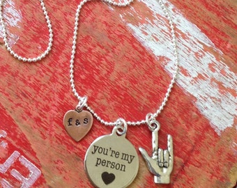 Personalized "your my person" , heart copper initial charm and "I love you" sign language pendant necklace