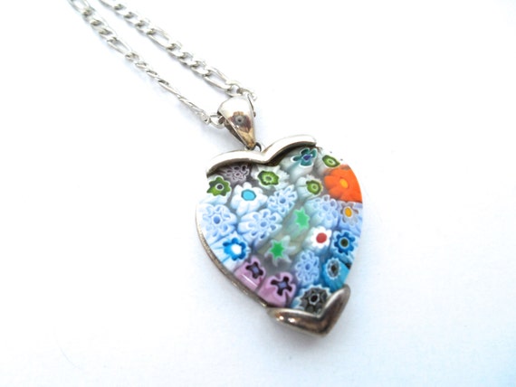 Vintage Sterling Silver Millefiori Flower Heart Pendant