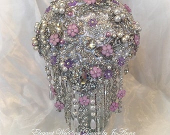 CRYSTAL WEDDING BOUQUET Custom Brooch Bouquet Broach Bouquet Silver Brooch Bouquet Teardrop Bouquet Pink and White Bouquet, Deposit Only