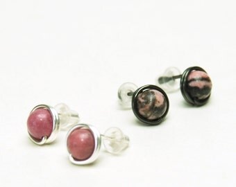 Pink Rhodonite Stud Earrings - Handmade Wire Wrapped Pink Gemstone Earrings in Fine (99%) Silver or Black Arte Metal Wire