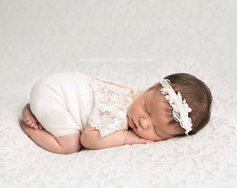 Newborn Romper Prop; Newborn Lace Romper; IVORY; Short Sleeve Romper; Newborn Photo Prop; Photography Prop; a0002