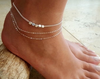Laura Silver Anklet - Silver Ankle Bracelet - Beaded Anklet - Foot Jewelry - Foot Bracelet - Chain Anklet - Summer Jewelry - Beach Jewelry