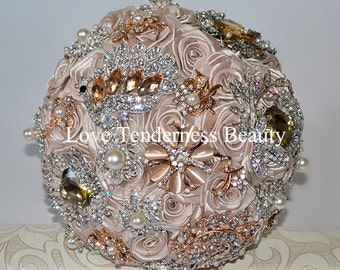 Brooch Wedding Bouquet, Bridal Bouquet, Beige Wedding Bouquet, Champagne Wedding Bouquet, Pearl Wedding Bouquet, Gold Silver Wedding Bouquet
